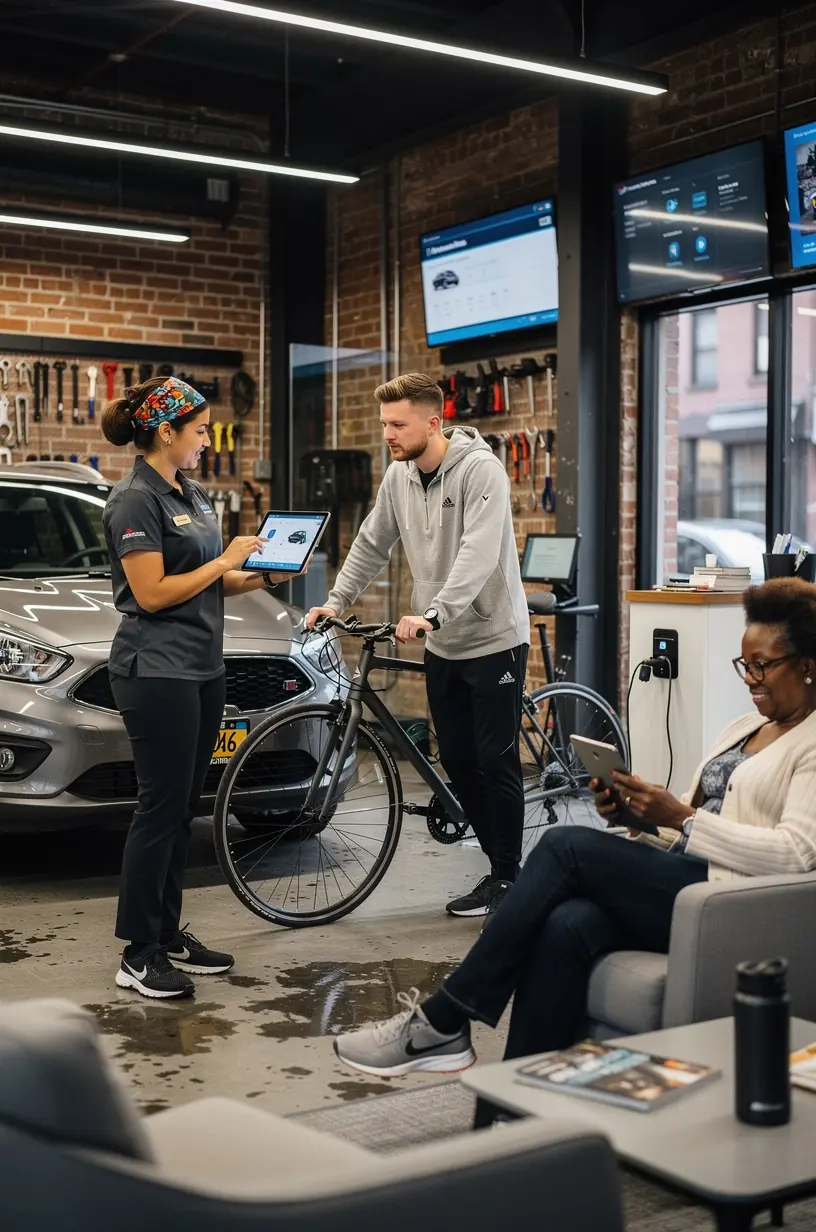 Waiting area with comfortable seating and educational brochures about routine car care for busy New York City drivers.