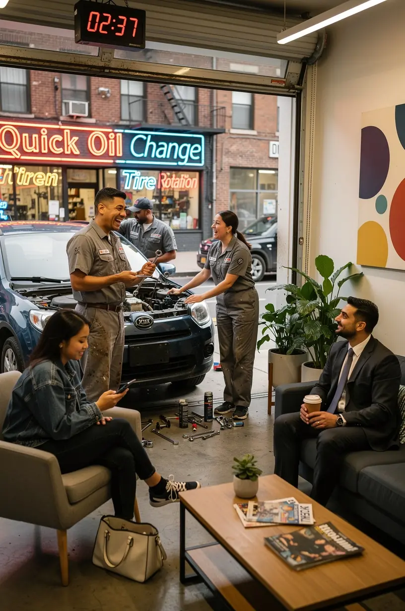 Urban driver receiving clear explanation of quick brake inspection results from a professional mechanic at a fast turnaround auto shop.