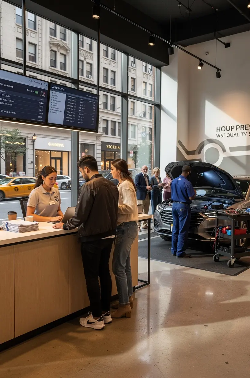 Exterior view of a busy quick-service auto center in downtown New York with multiple cars waiting for maintenance.